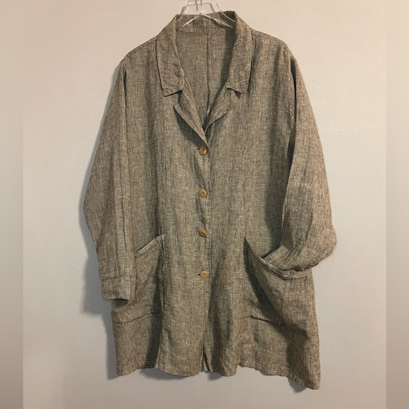 FLAX Long Linen Button Up Tunic Tan/Beige Jacket XL - Picture 5 of 10